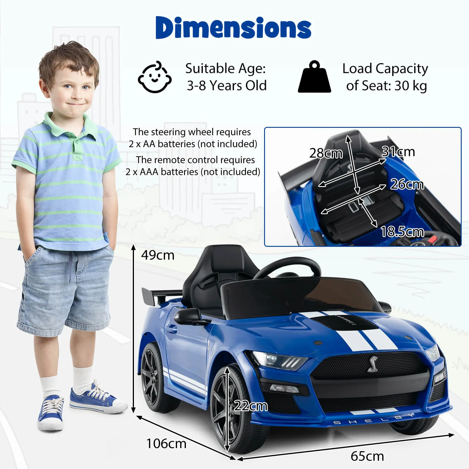 12V Kids Ride on Car Electric Licensed Ford Mustang Shelby GT500 for Kids Aged 3-8-Blue