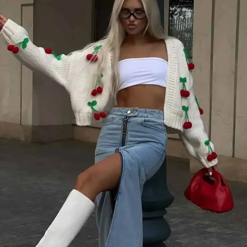 Aesthetic 3D Cherry Knitted Long Sleeve Loose Cardigan