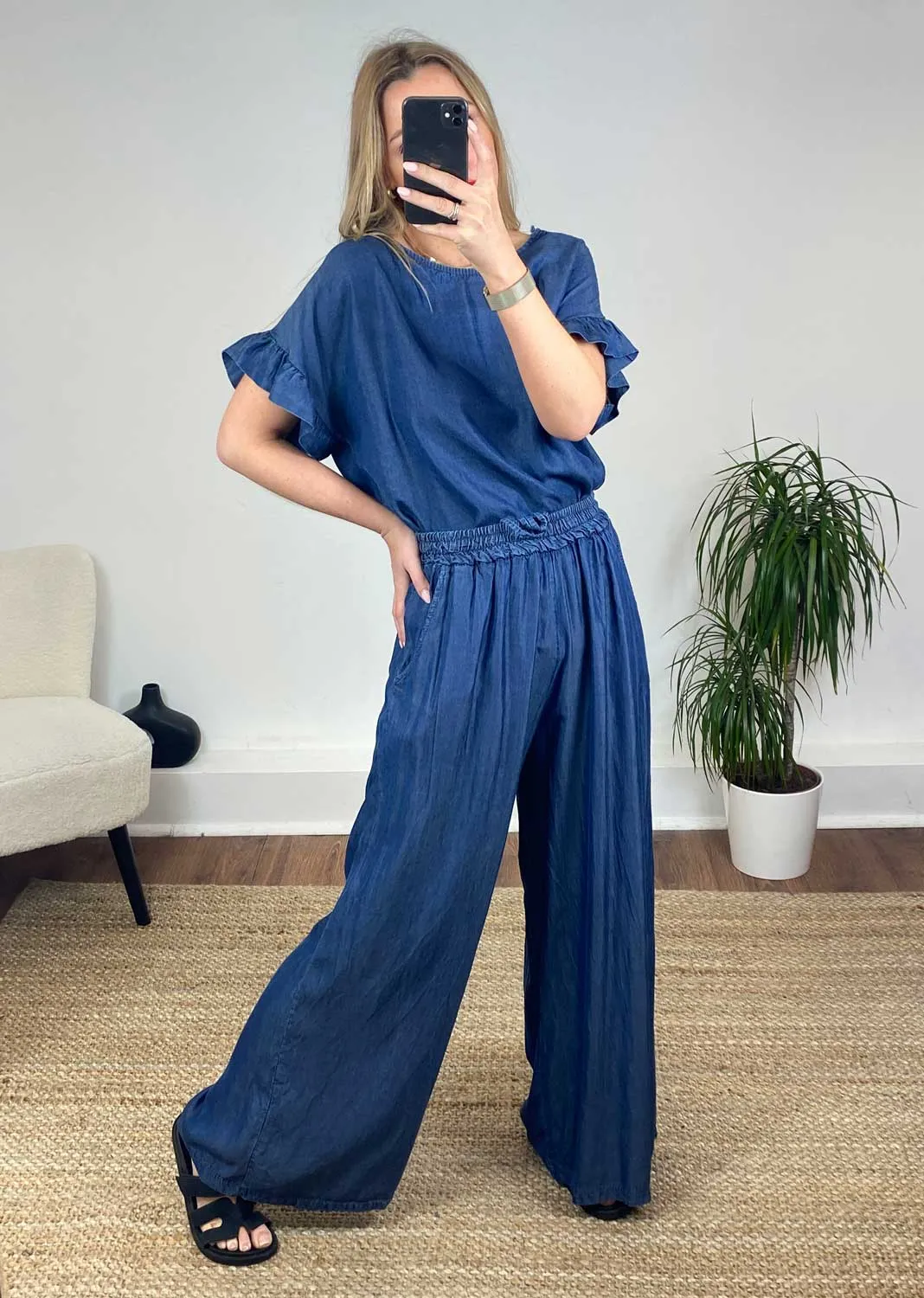 Annabella Chambray Wide Leg Pants - Dark Indigo