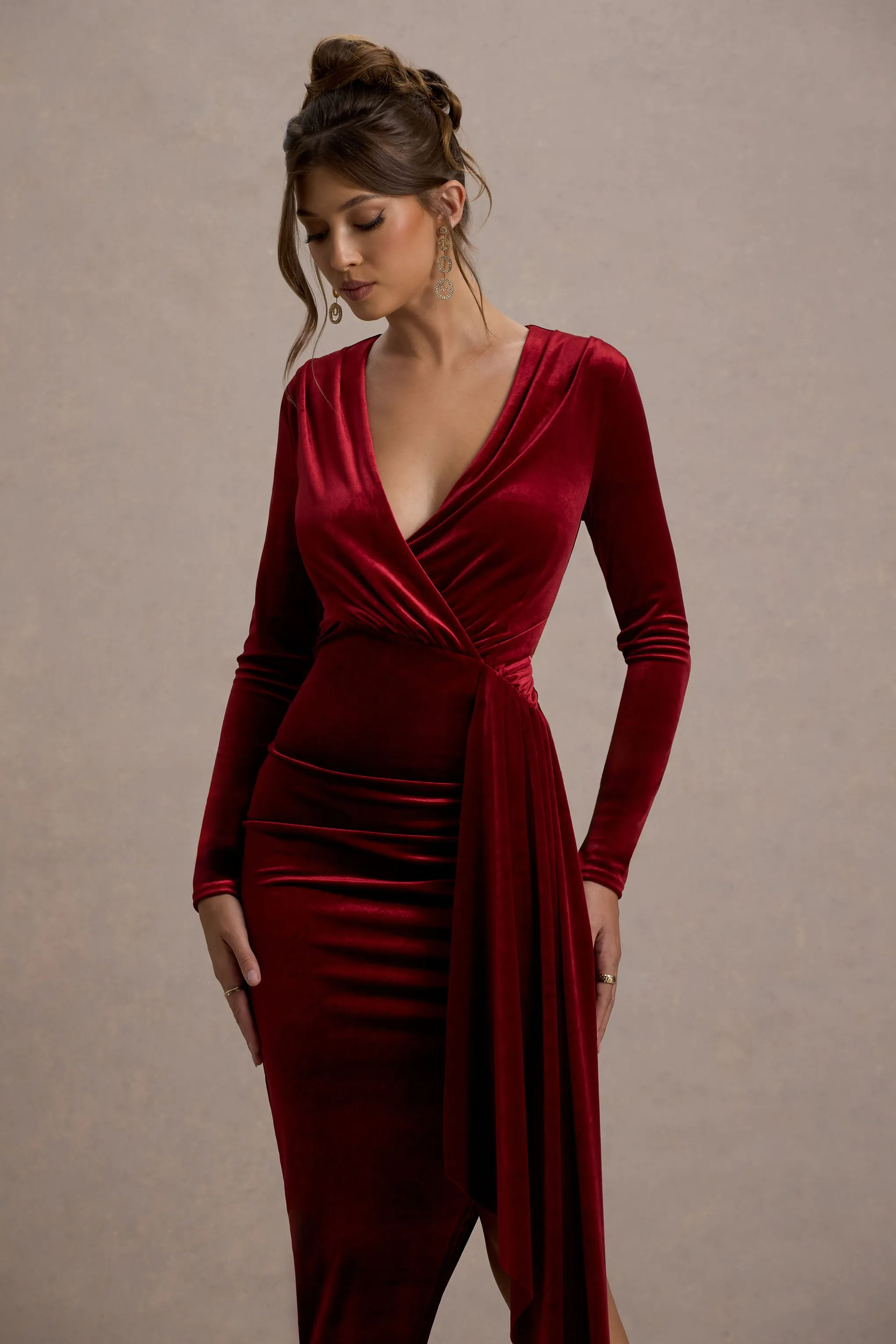 Arcadia | Berry Velvet Plunge-Neck Wrap Midi Dress