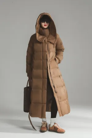 Big Hooded Collar Belted Long Down Puffer Coat