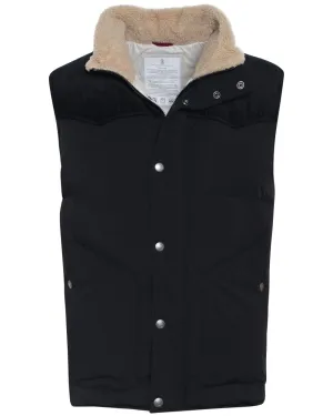 Black Weather Resistant Paneled Vest with Shearling Collar