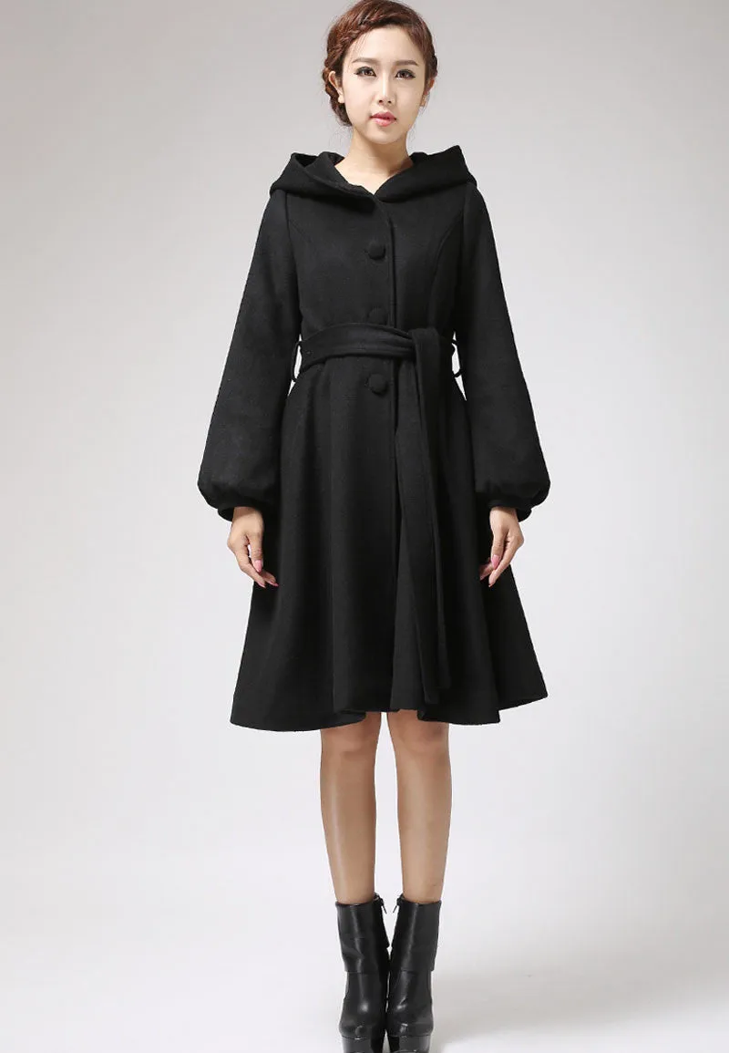 Black wool coat - women hooded coat - winter jacket cashmere coat 711#