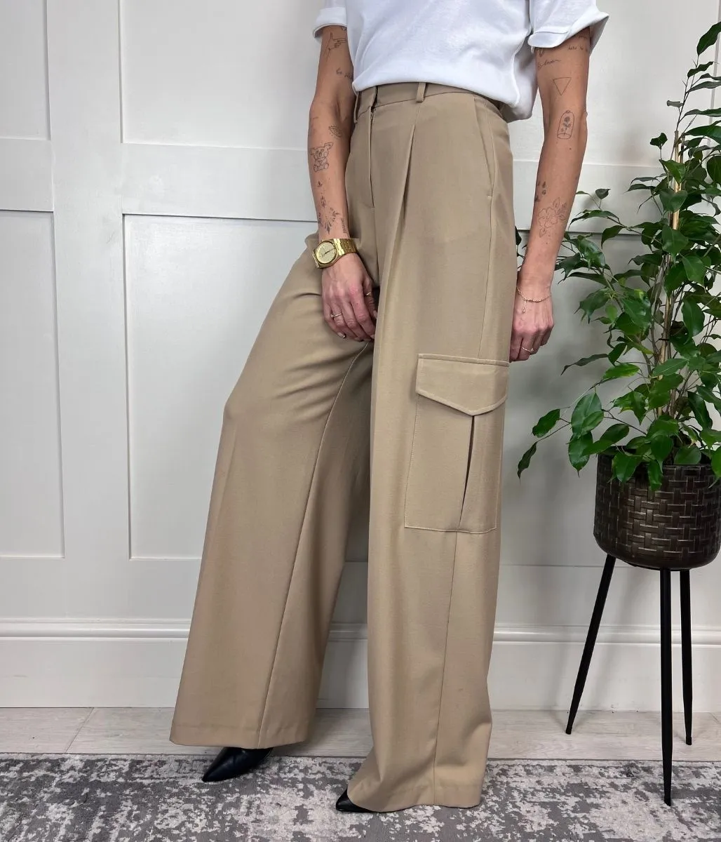 Camel Wide Leg Cargo Trousers