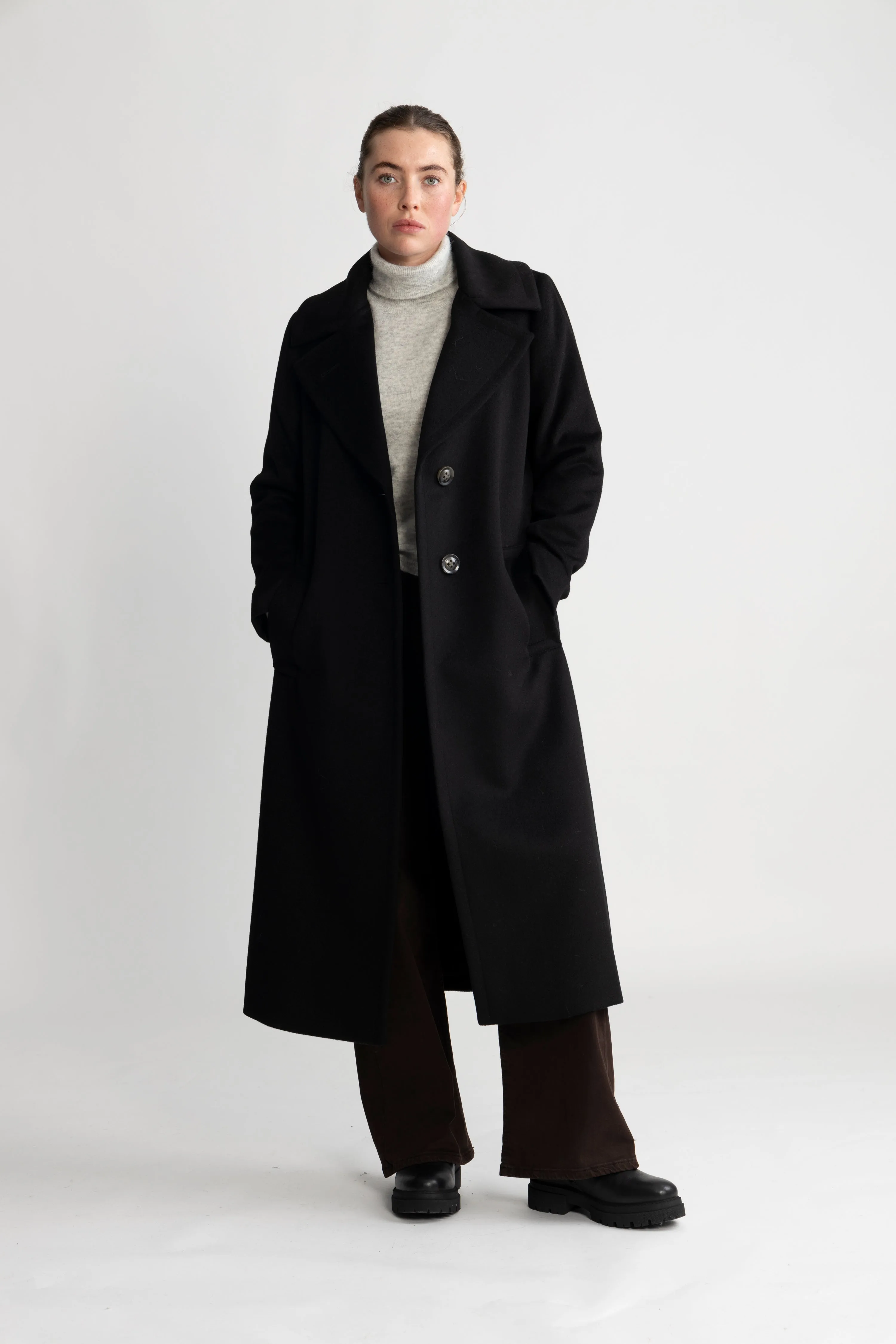 Cashmere Coat W Clareta Belt Midi - Ebony Black