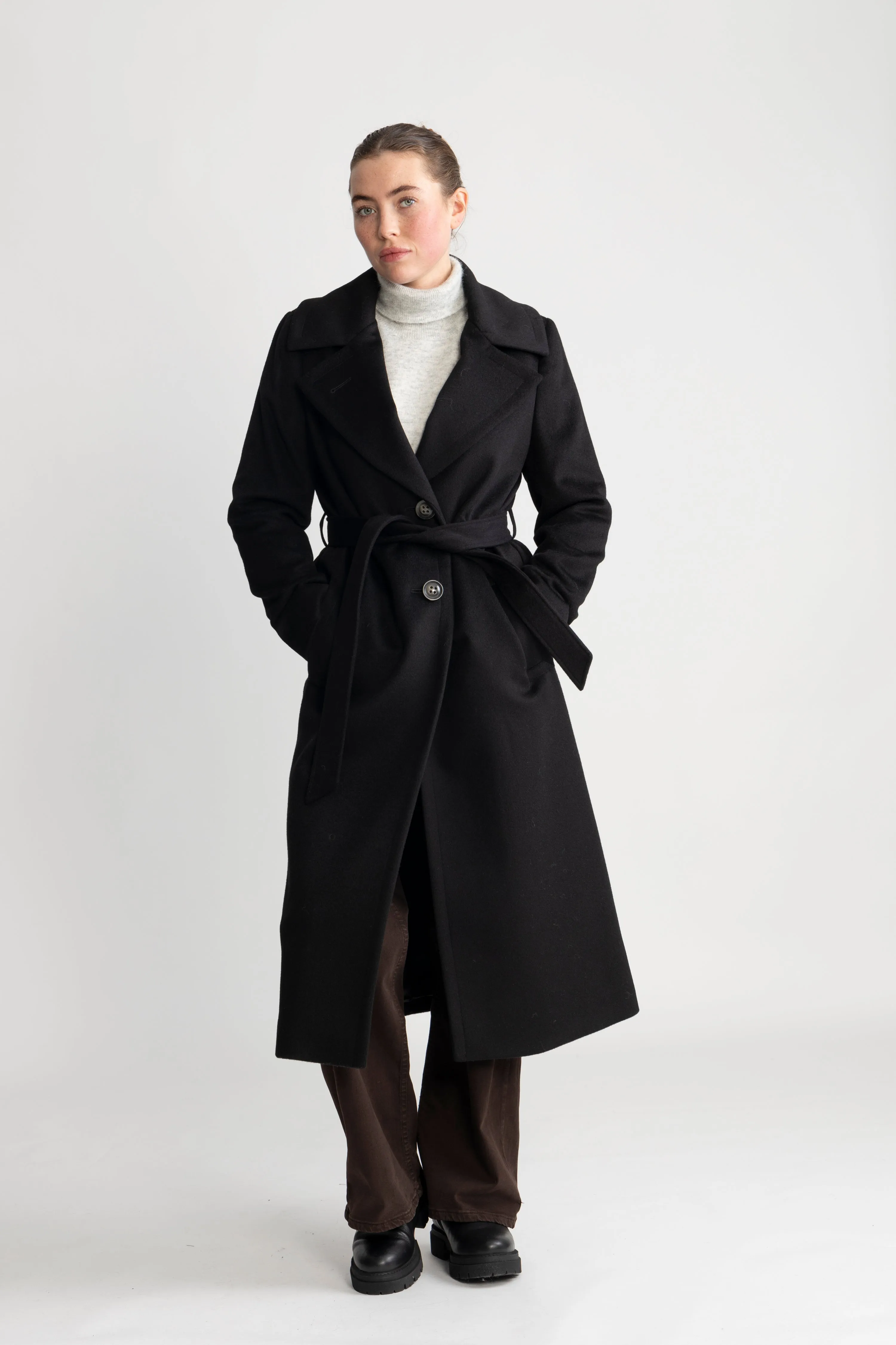 Cashmere Coat W Clareta Belt Midi - Ebony Black