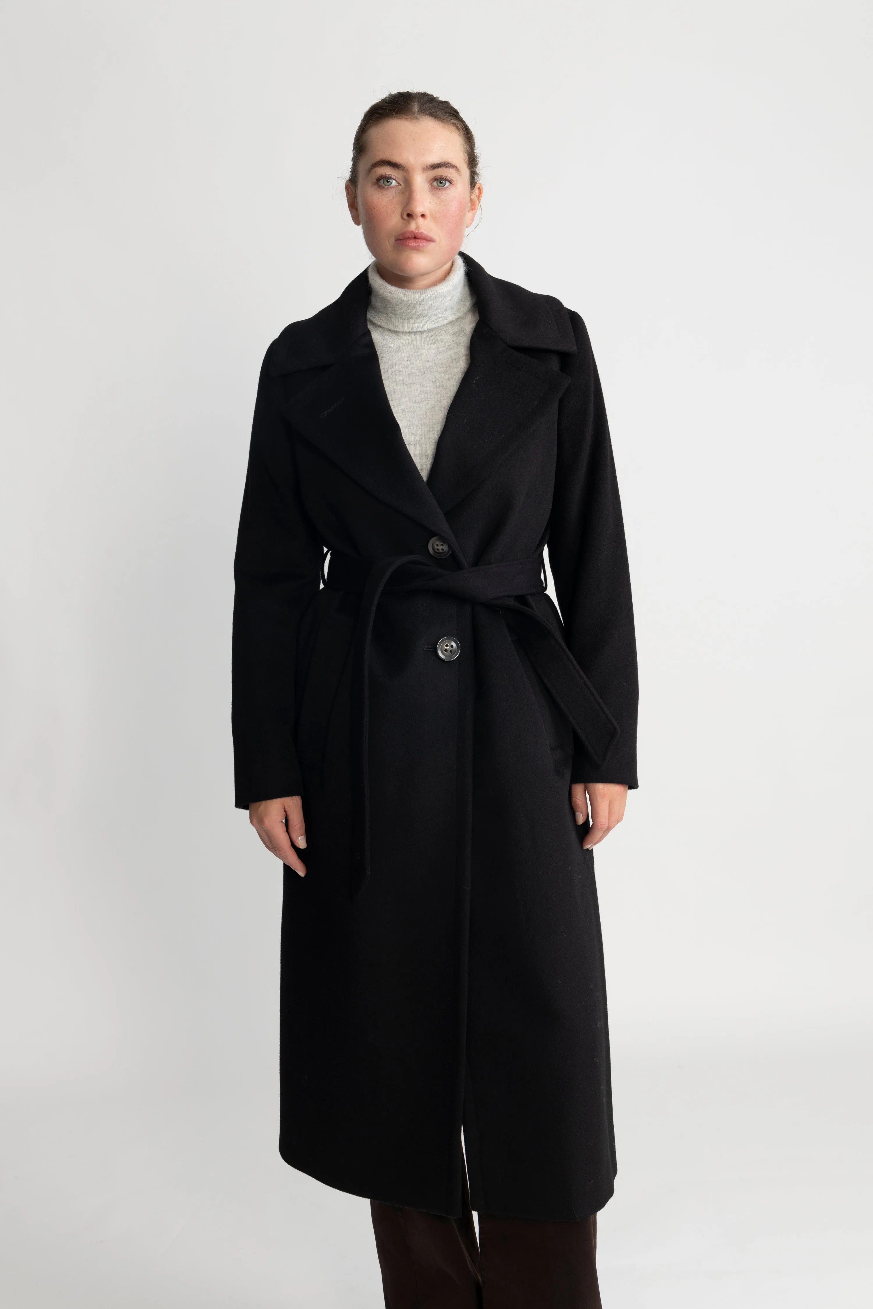 Cashmere Coat W Clareta Belt Midi - Ebony Black