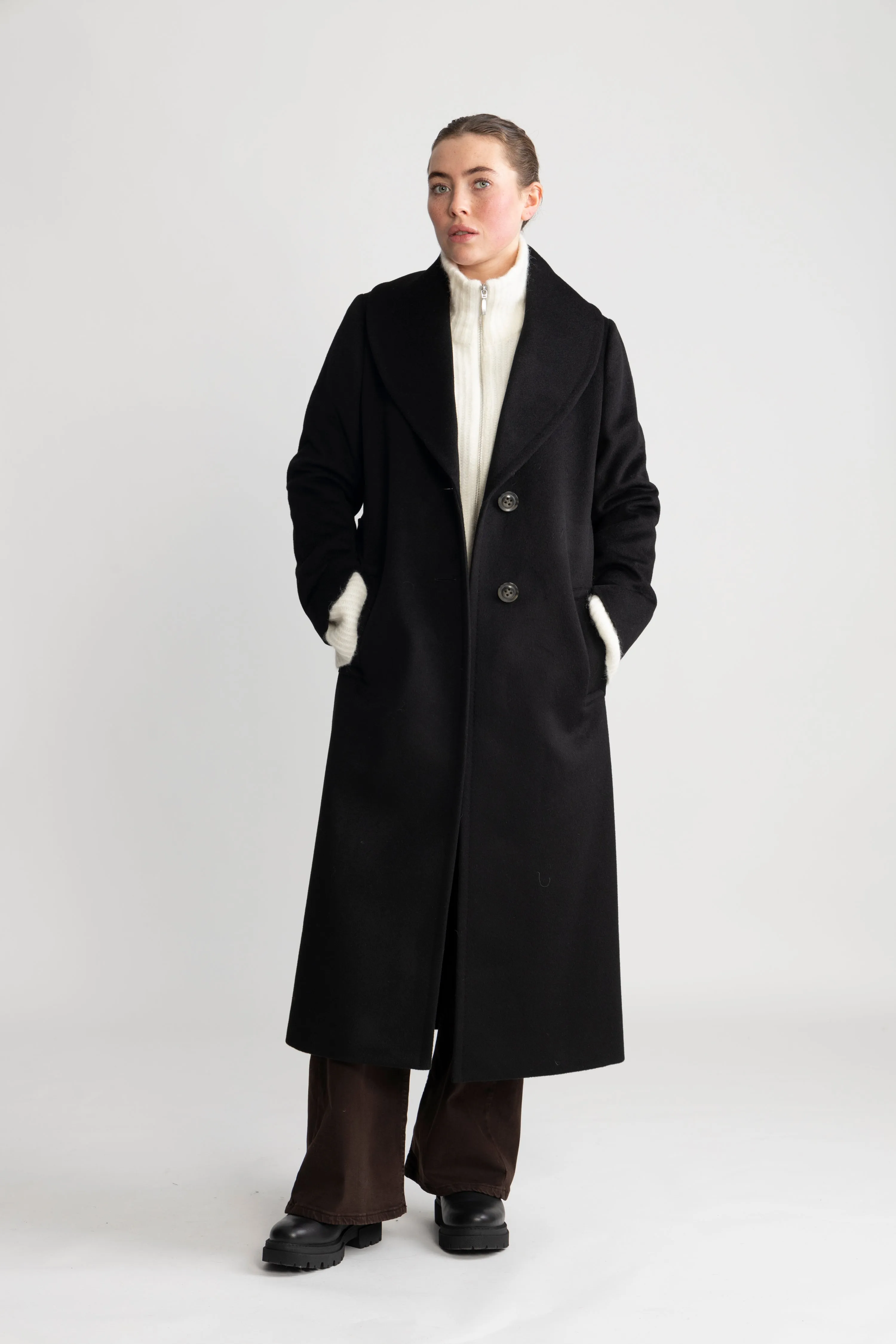 Cashmere Coat W Clareta Shawl - Ebony Black