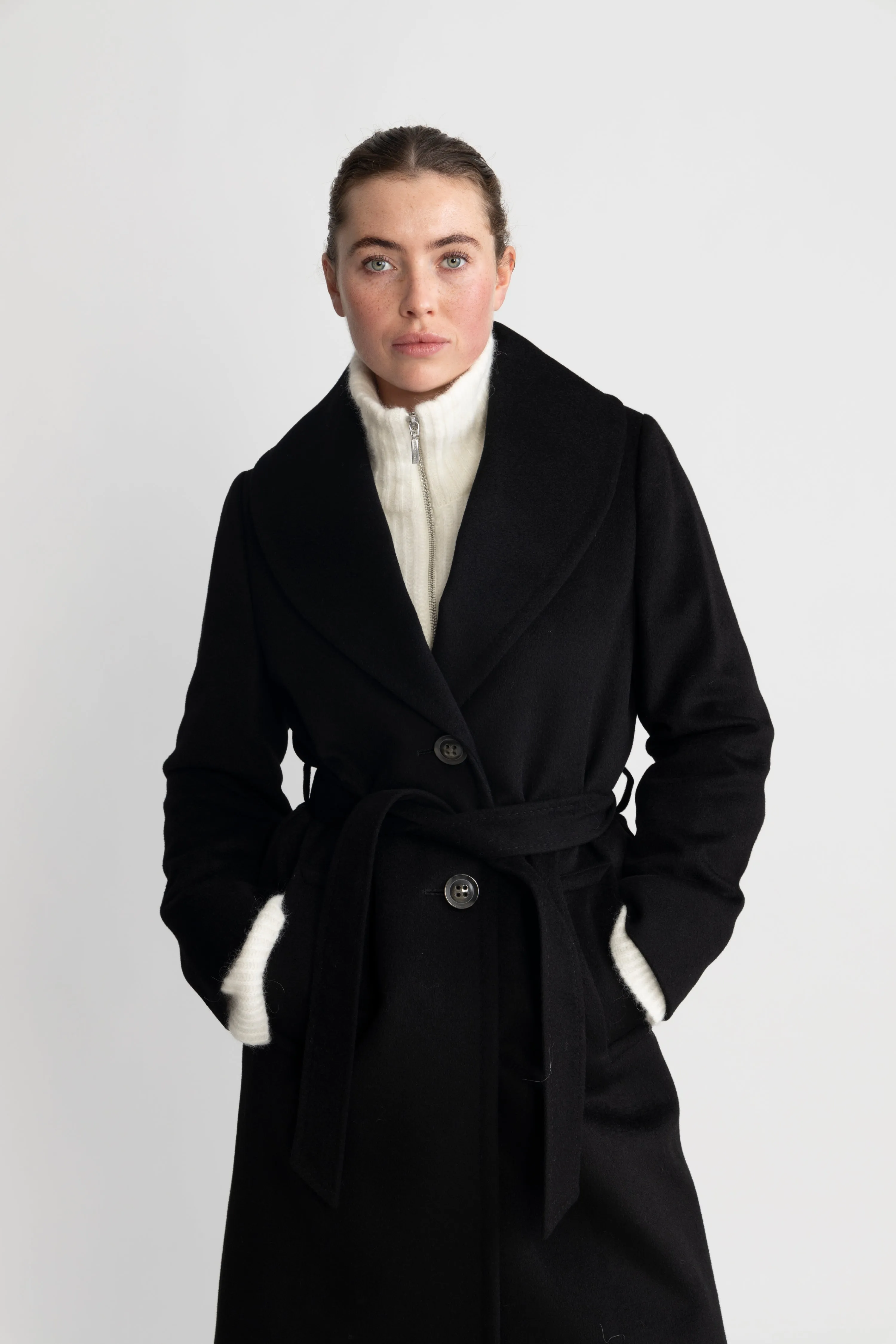 Cashmere Coat W Clareta Shawl - Ebony Black