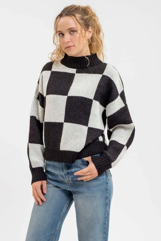 Checkered Mock Neck Heavy Knit Sweater