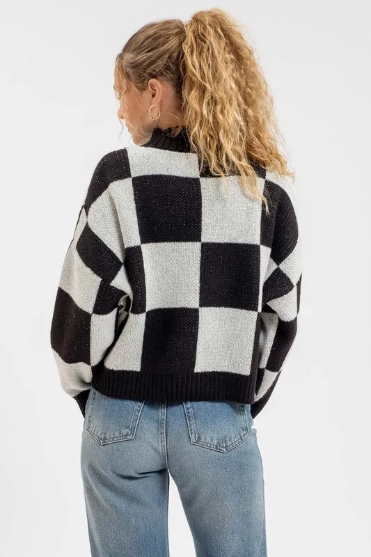 Checkered Mock Neck Heavy Knit Sweater