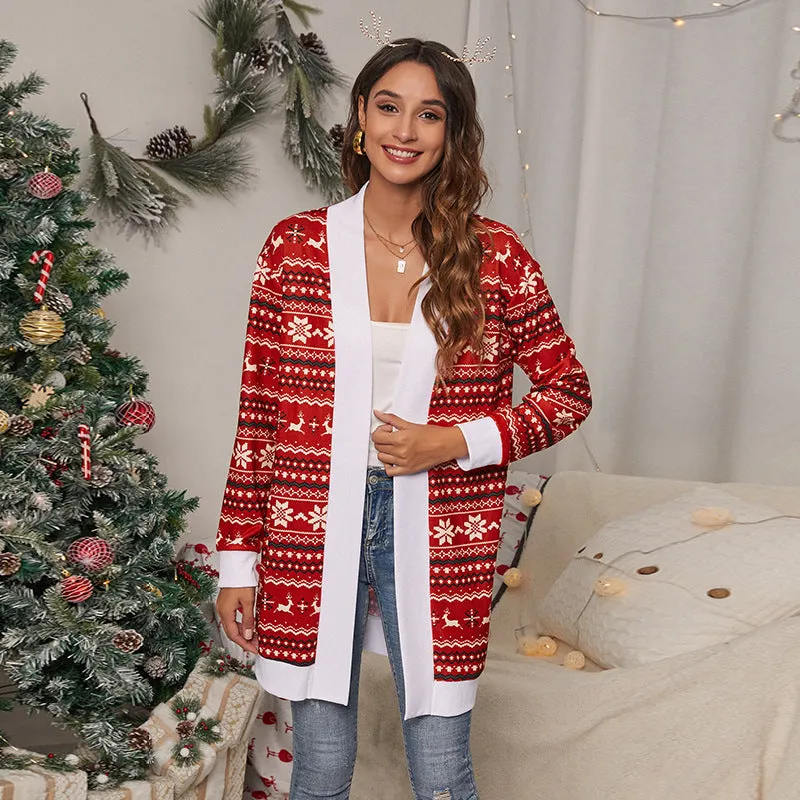 Christmas Leopard Print Knitted Cardigan Jacket With Tie-Dye