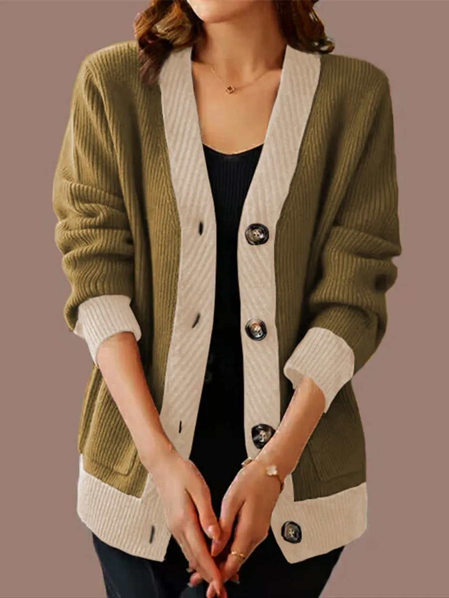 Contrast Color V-Neck Long-Sleeved Knitted Cardigan