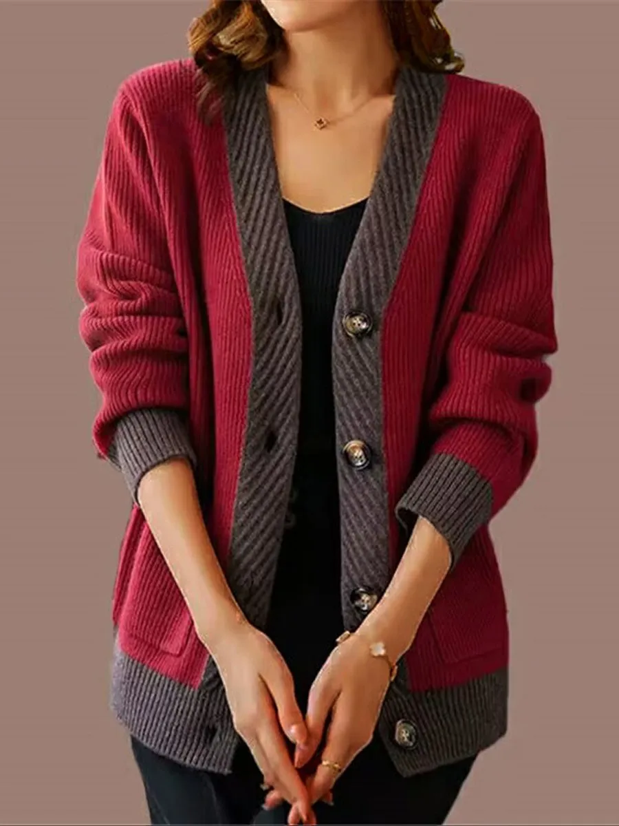 Contrast Color V-Neck Long-Sleeved Knitted Cardigan