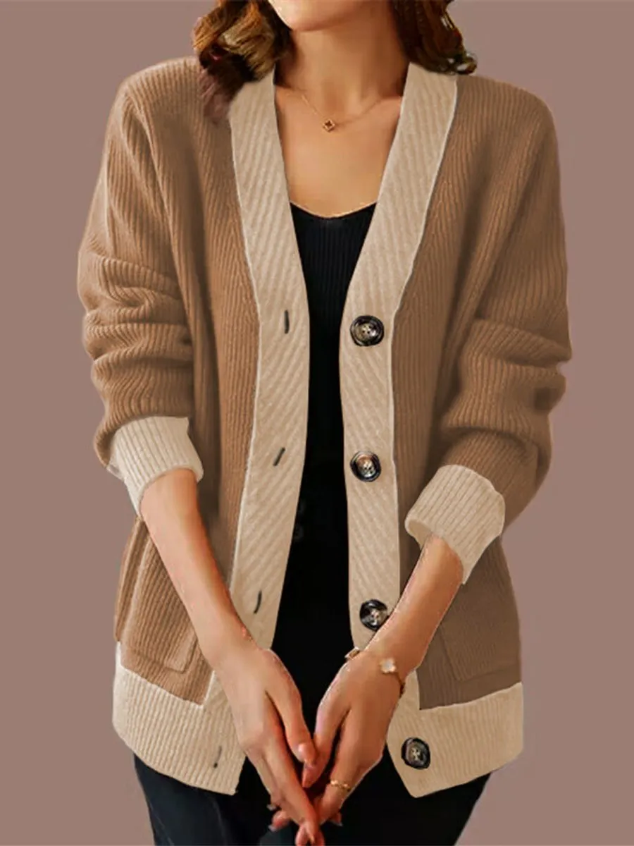 Contrast Color V-Neck Long-Sleeved Knitted Cardigan