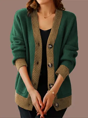 Contrast Color V-Neck Long-Sleeved Knitted Cardigan