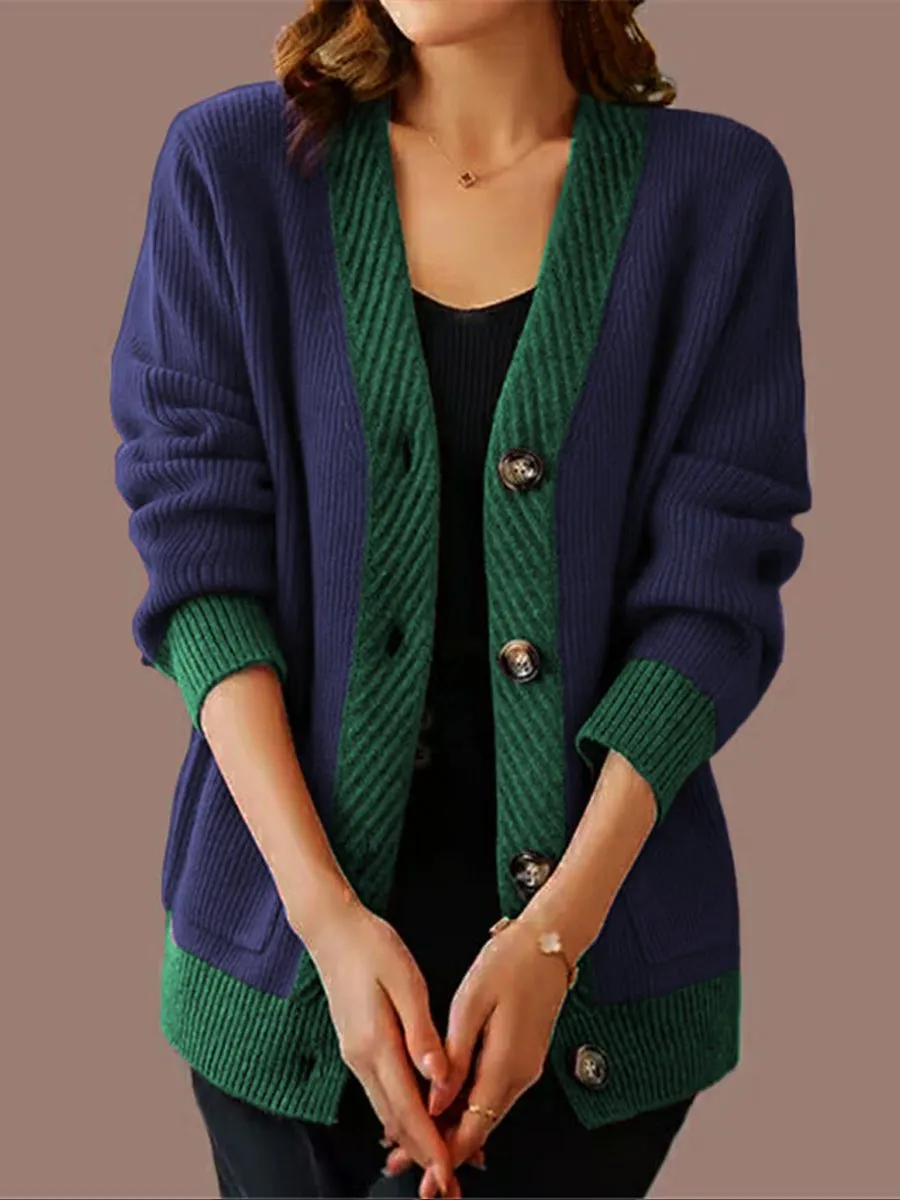 Contrast Color V-Neck Long-Sleeved Knitted Cardigan