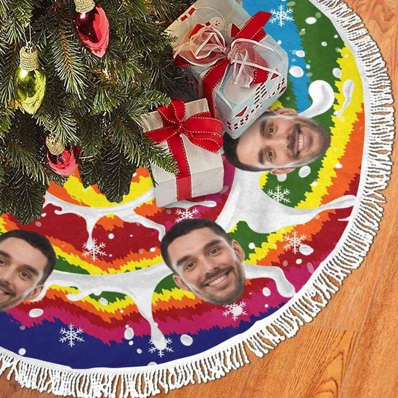 Custom Face Color Swirl Tie-dye Christmas Tree Skirt With Tassel