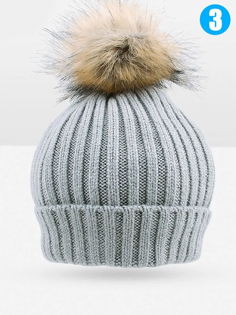 Cute Ball Trimmed Knitted Hat Solid Color for Autumn Winter