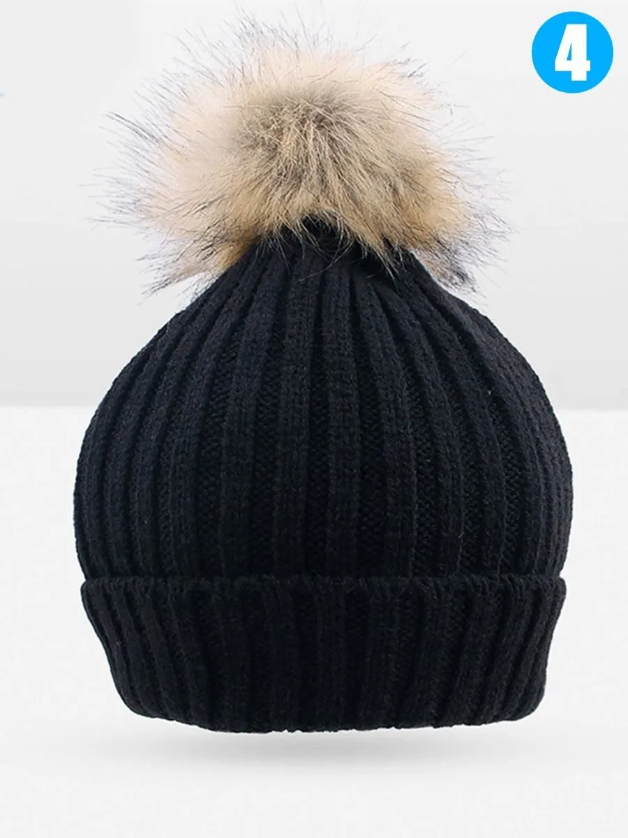 Cute Ball Trimmed Knitted Hat Solid Color for Autumn Winter