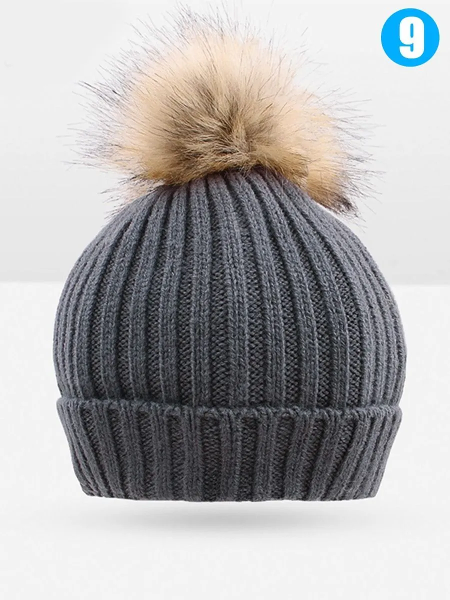 Cute Ball Trimmed Knitted Hat Solid Color for Autumn Winter