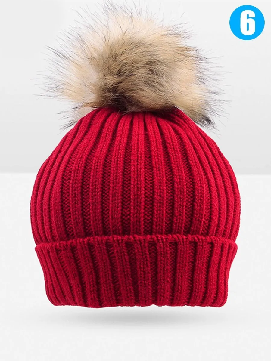 Cute Ball Trimmed Knitted Hat Solid Color for Autumn Winter