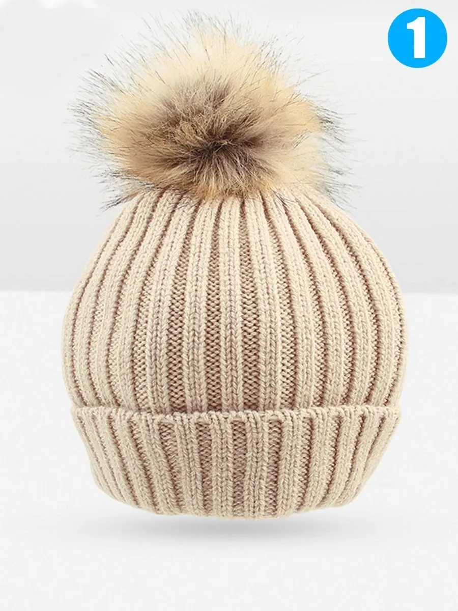 Cute Ball Trimmed Knitted Hat Solid Color for Autumn Winter