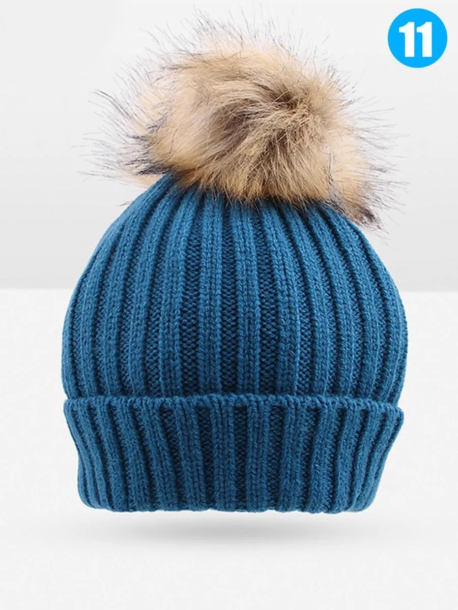 Cute Ball Trimmed Knitted Hat Solid Color for Autumn Winter