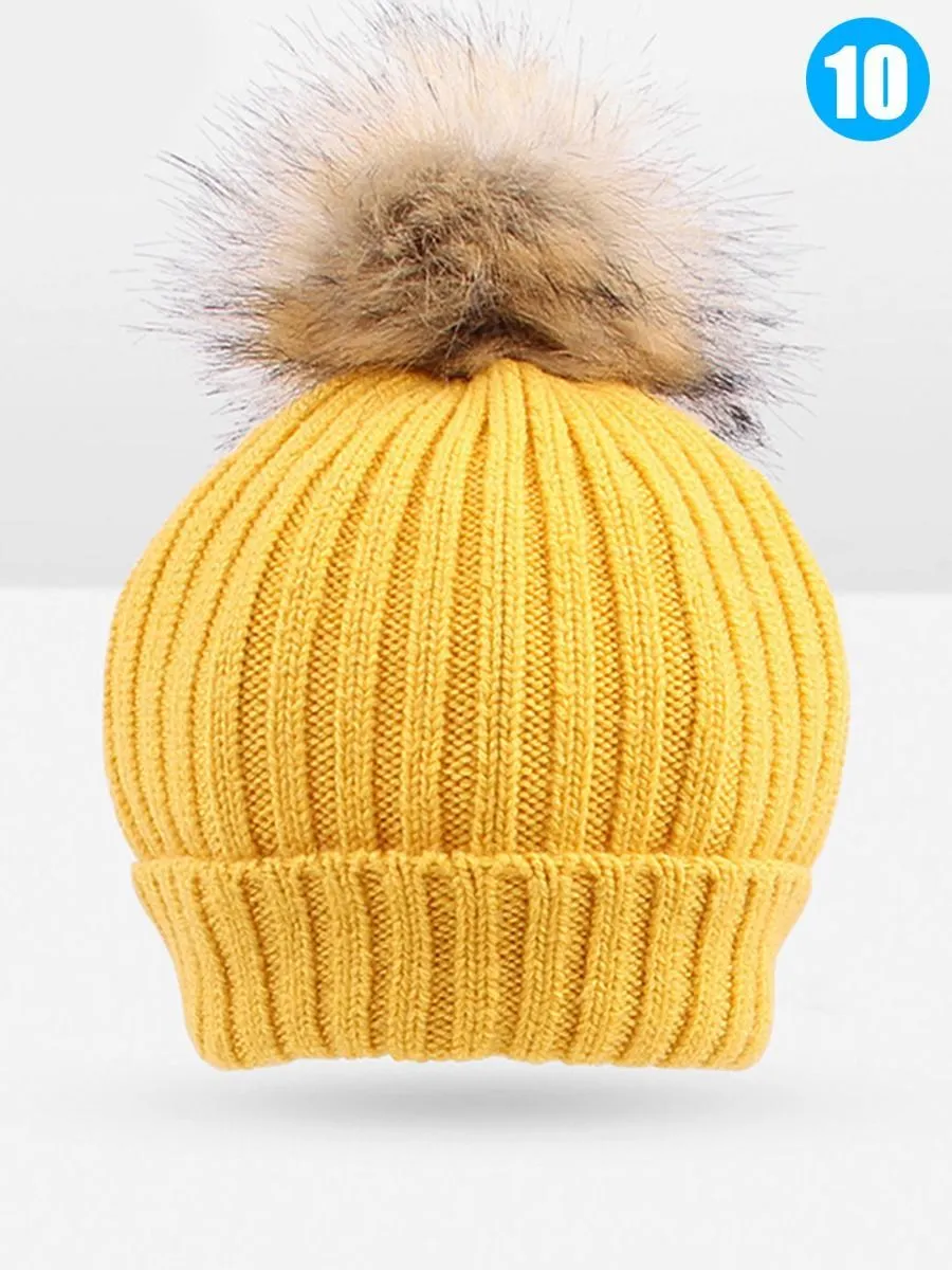 Cute Ball Trimmed Knitted Hat Solid Color for Autumn Winter