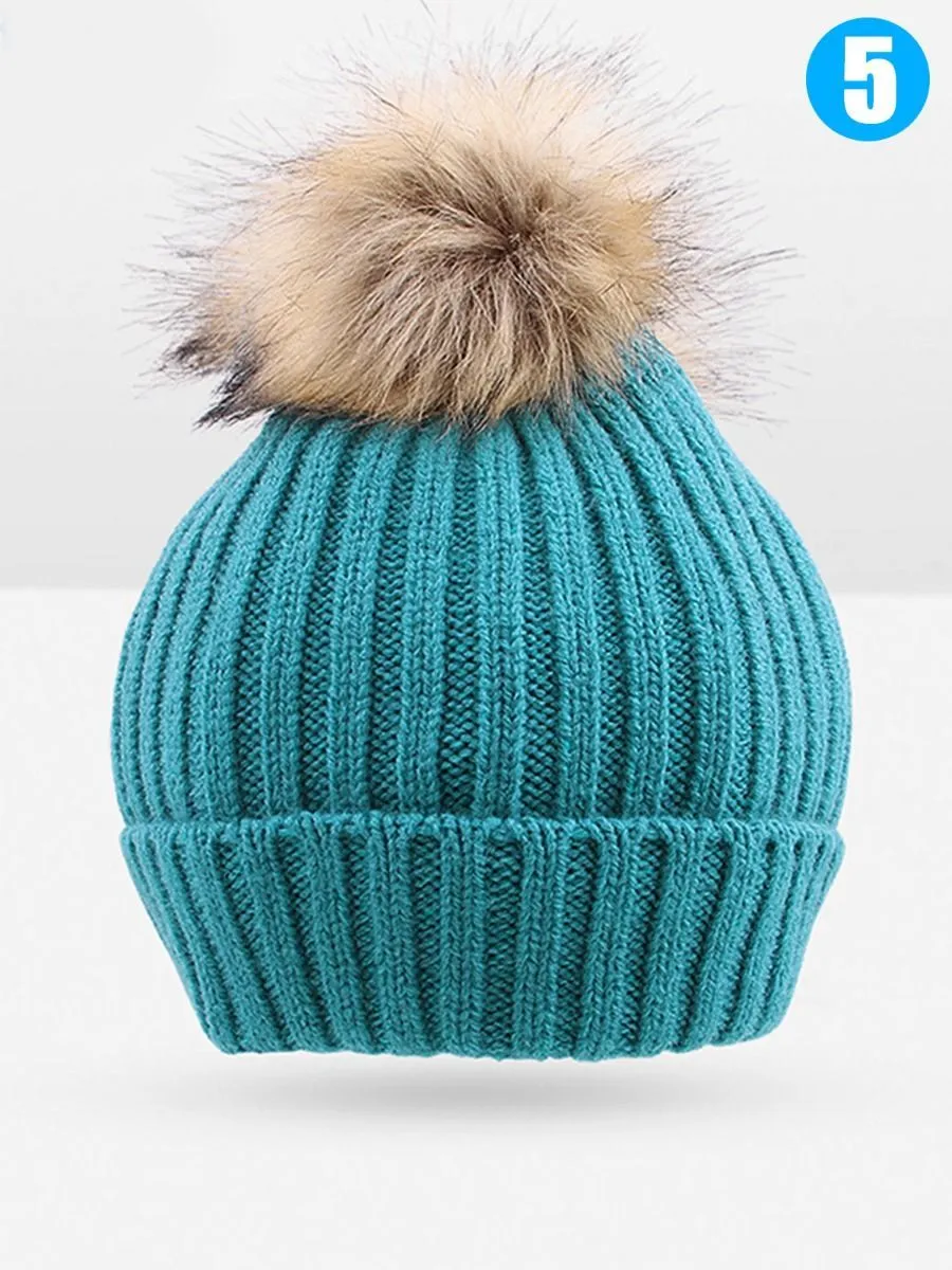 Cute Ball Trimmed Knitted Hat Solid Color for Autumn Winter