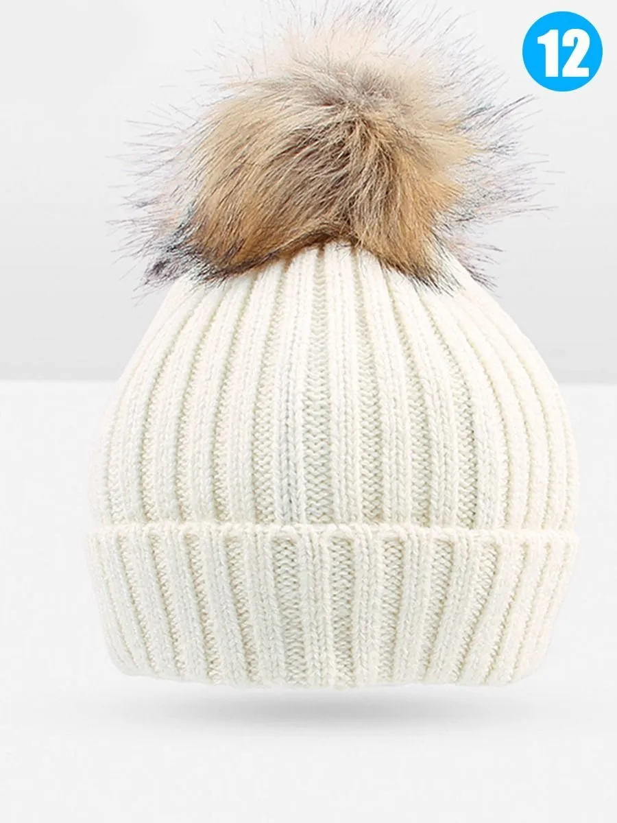 Cute Ball Trimmed Knitted Hat Solid Color for Autumn Winter