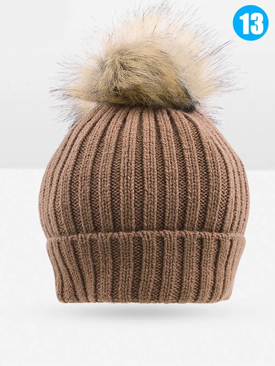 Cute Ball Trimmed Knitted Hat Solid Color for Autumn Winter