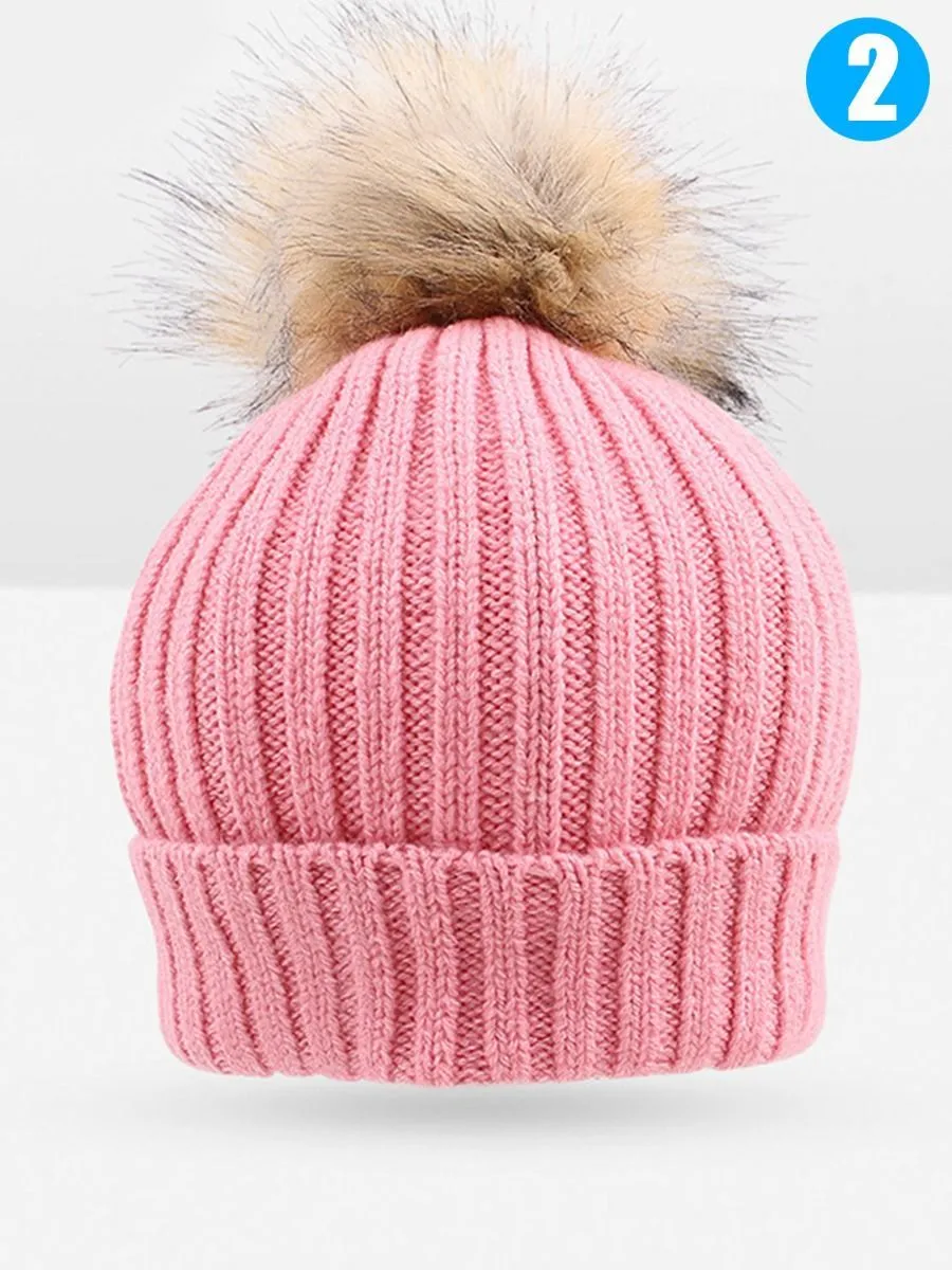 Cute Ball Trimmed Knitted Hat Solid Color for Autumn Winter