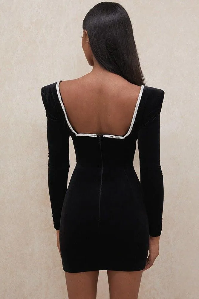 deep V-wrapped hip black gold velvet open back dress