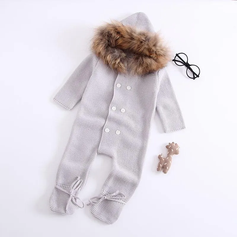 Double-breasted Hoodie Baby Knitted Gray Onesie