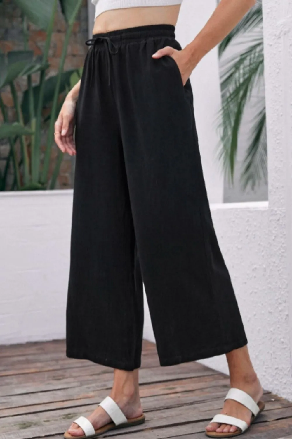 Drawstring Waist Wide Leg Culottes