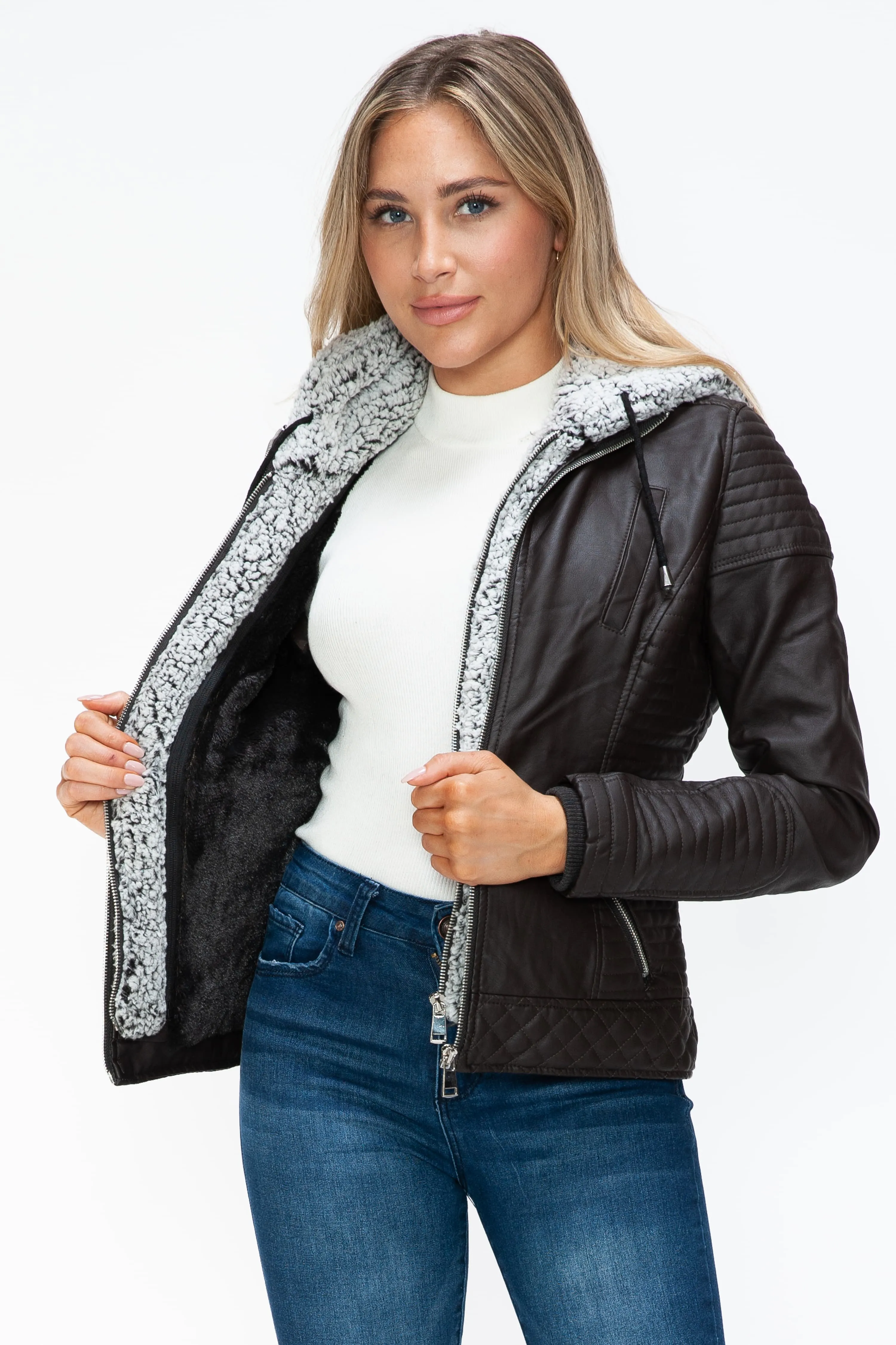 Faux Layered Double-Zipper Jacket with Fuzzy Hood