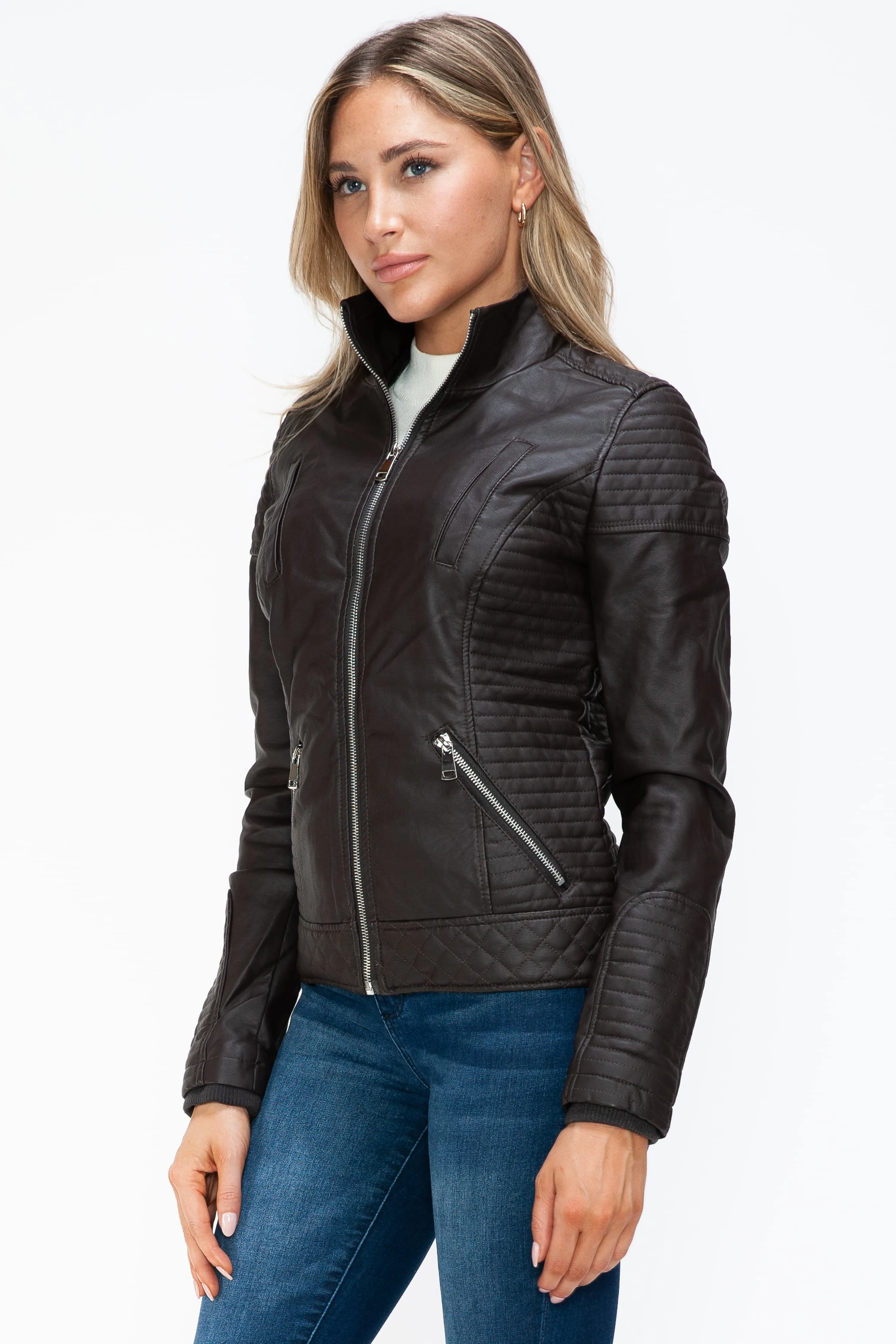 Faux Layered Double-Zipper Jacket with Fuzzy Hood