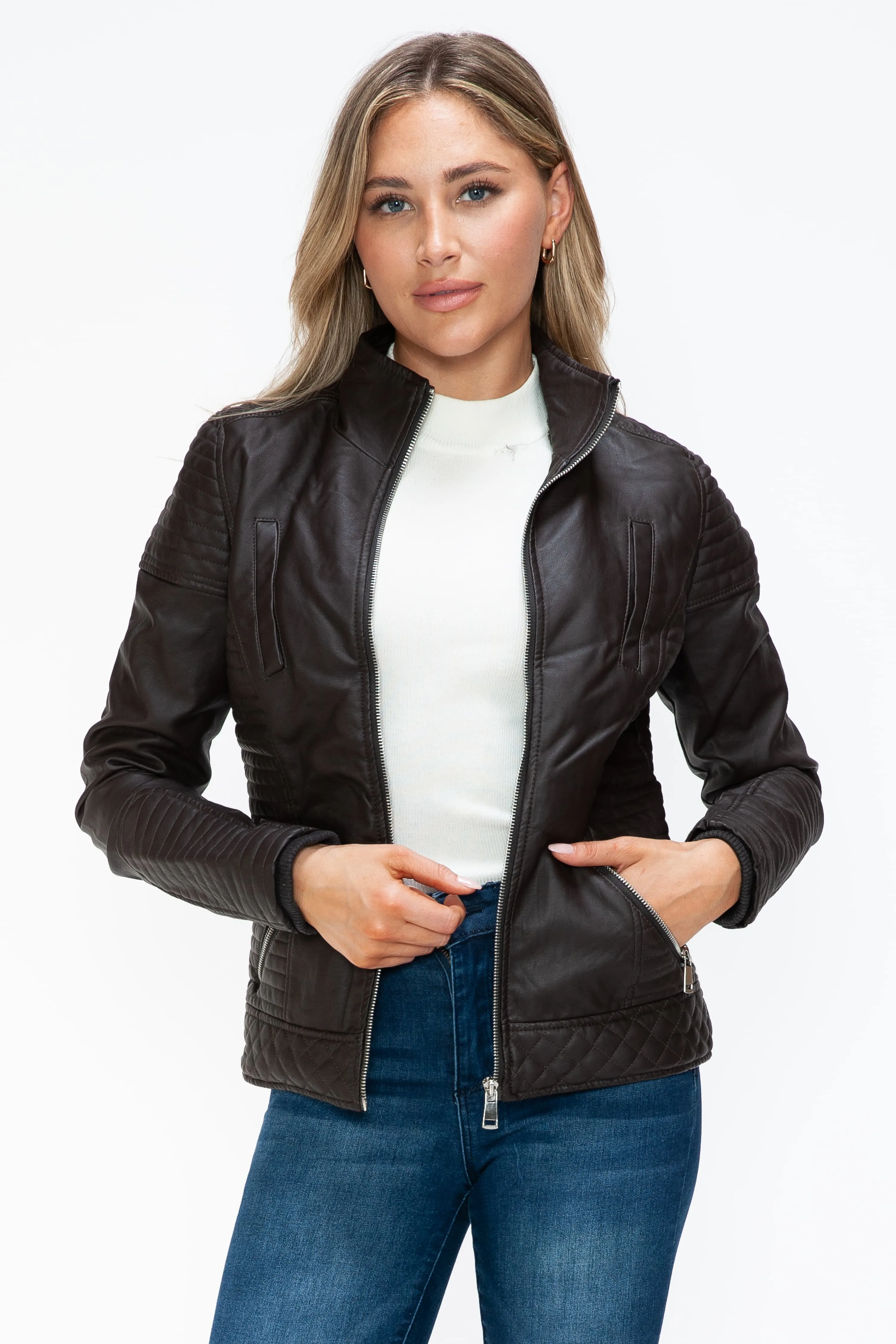 Faux Layered Double-Zipper Jacket with Fuzzy Hood