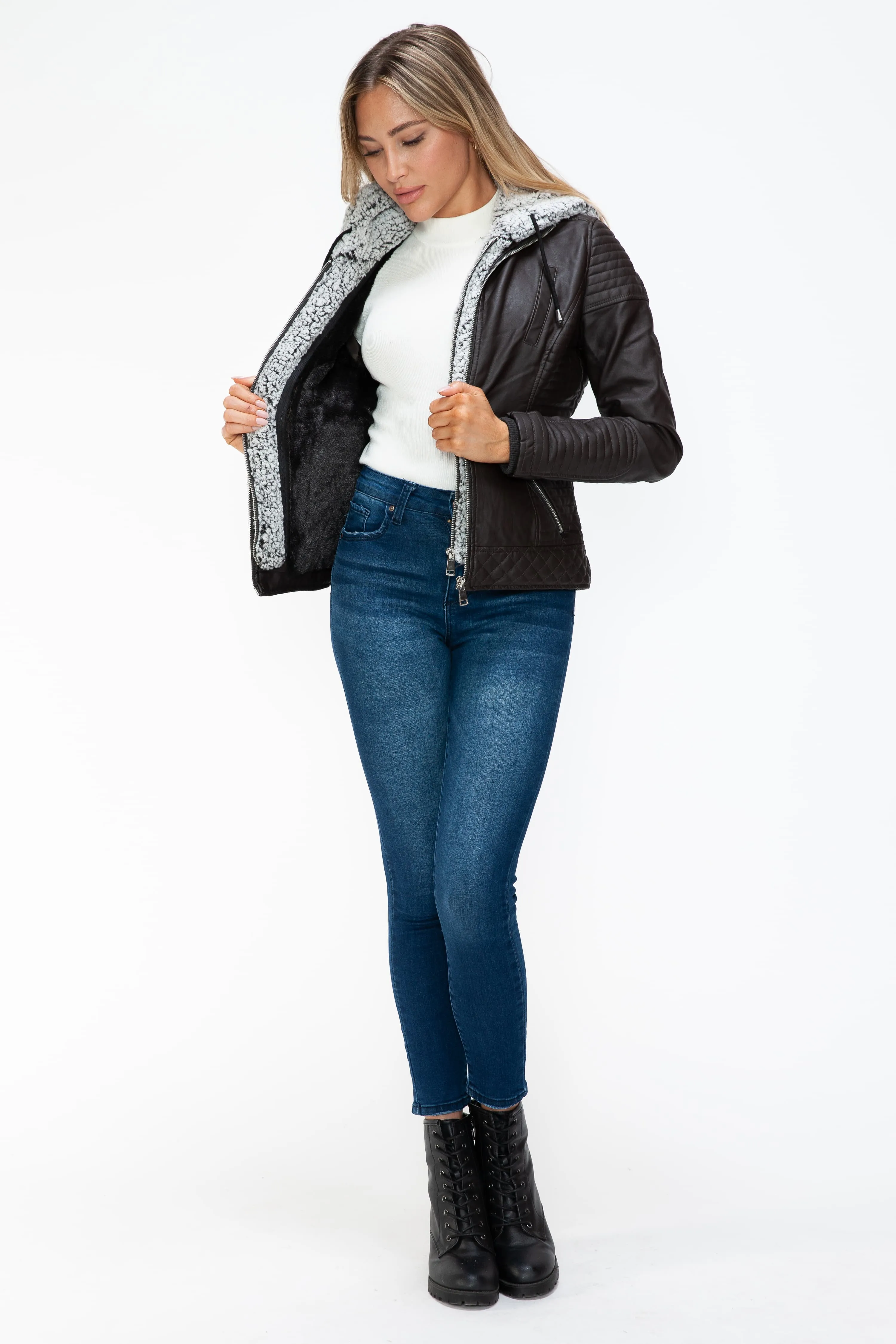 Faux Layered Double-Zipper Jacket with Fuzzy Hood