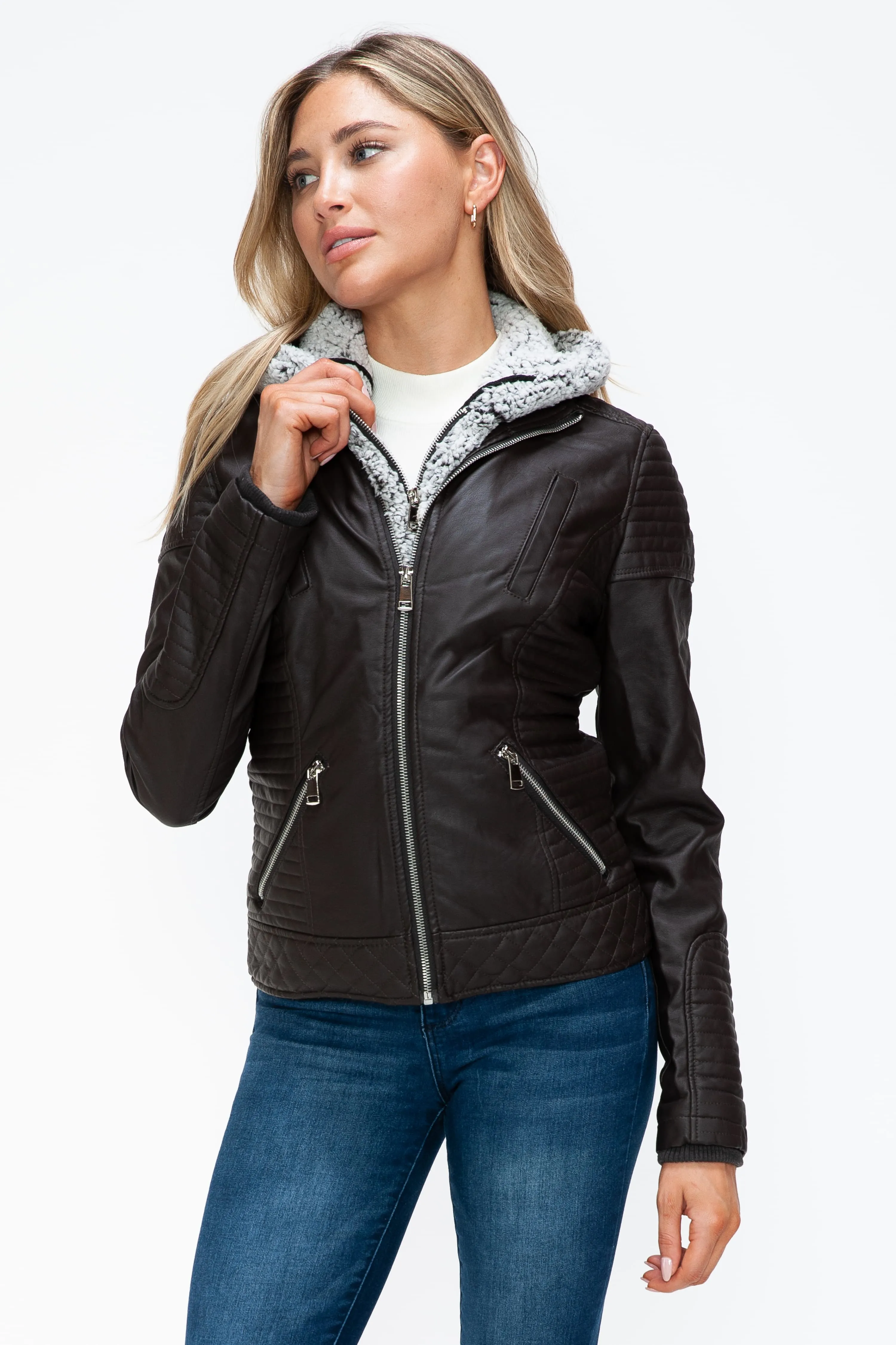 Faux Layered Double-Zipper Jacket with Fuzzy Hood