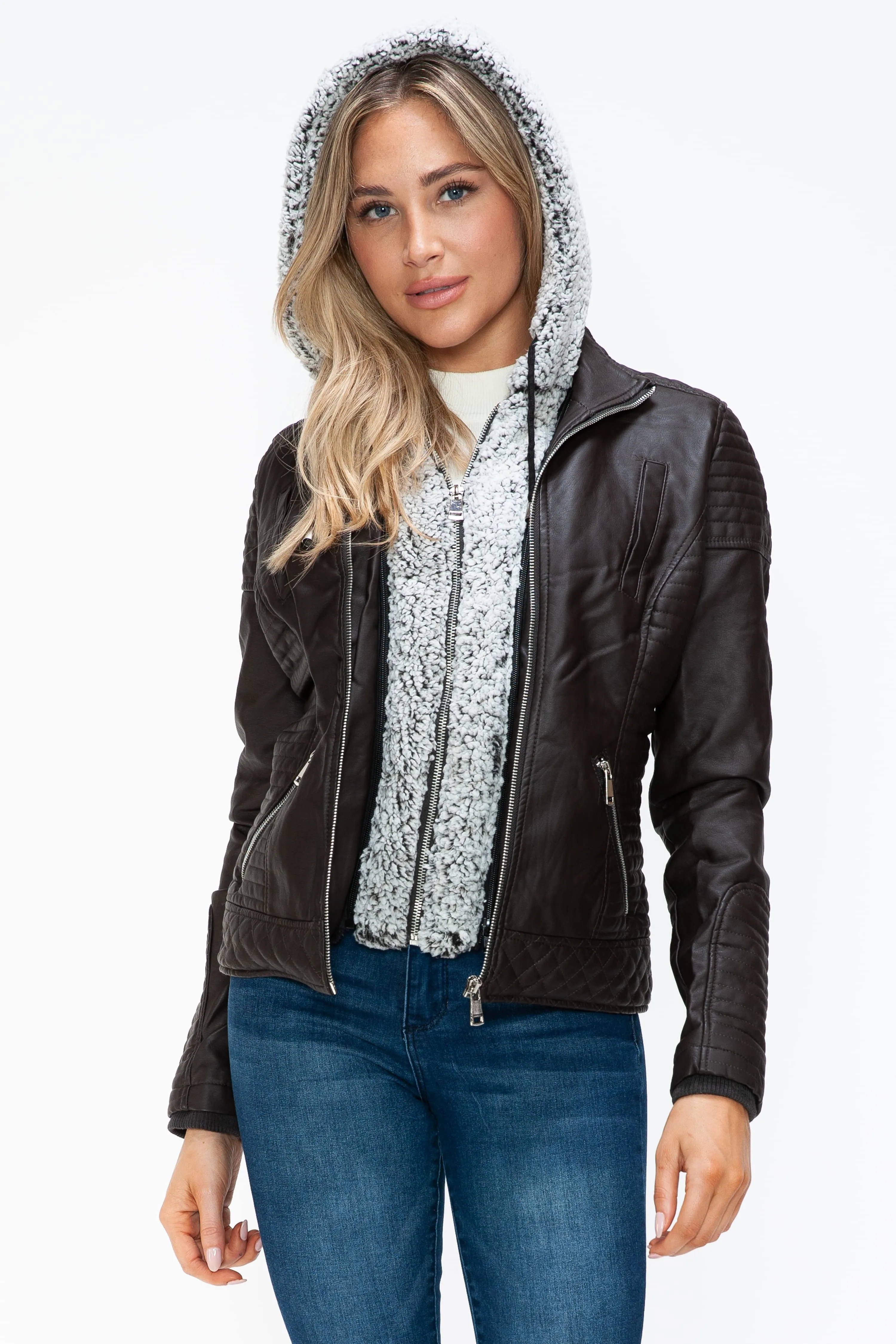 Faux Layered Double-Zipper Jacket with Fuzzy Hood