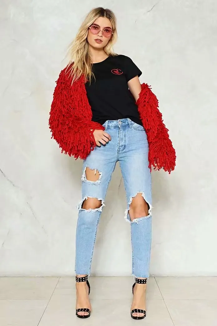 Fringed Openwork Knitted Cardigan Coat