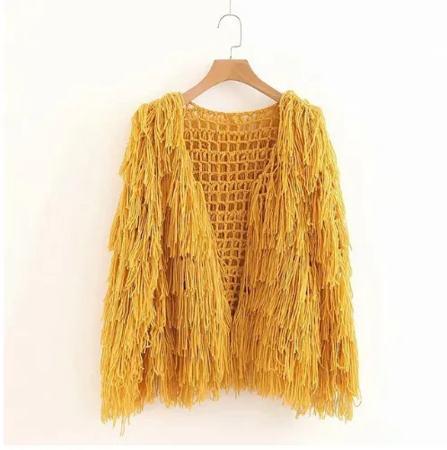 Fringed Openwork Knitted Cardigan Coat