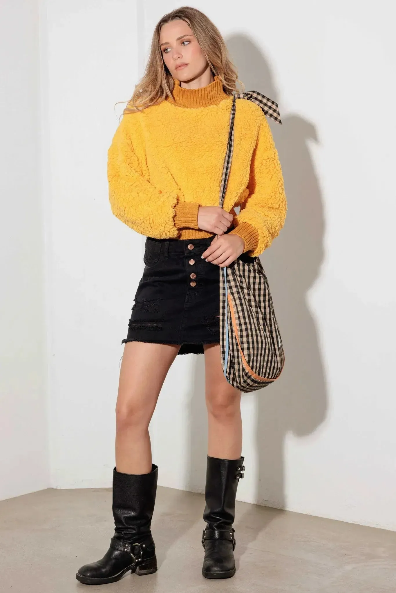 Fuzzy Ribbed Mock Neck Teddy Crop Sweater