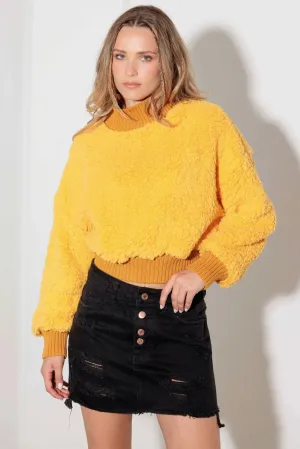 Fuzzy Ribbed Mock Neck Teddy Crop Sweater