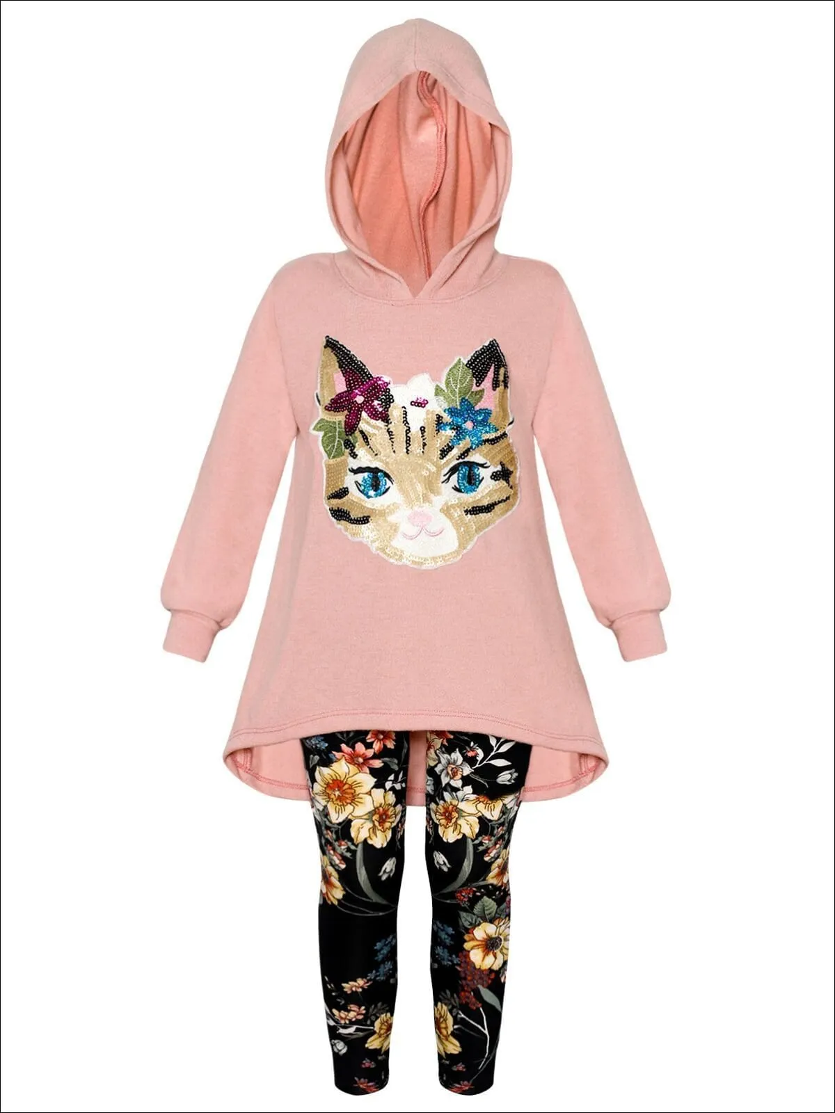 Girls Hi-Lo Sequin Cat Applique Hooded Sweatshirt And Floral Legging Set