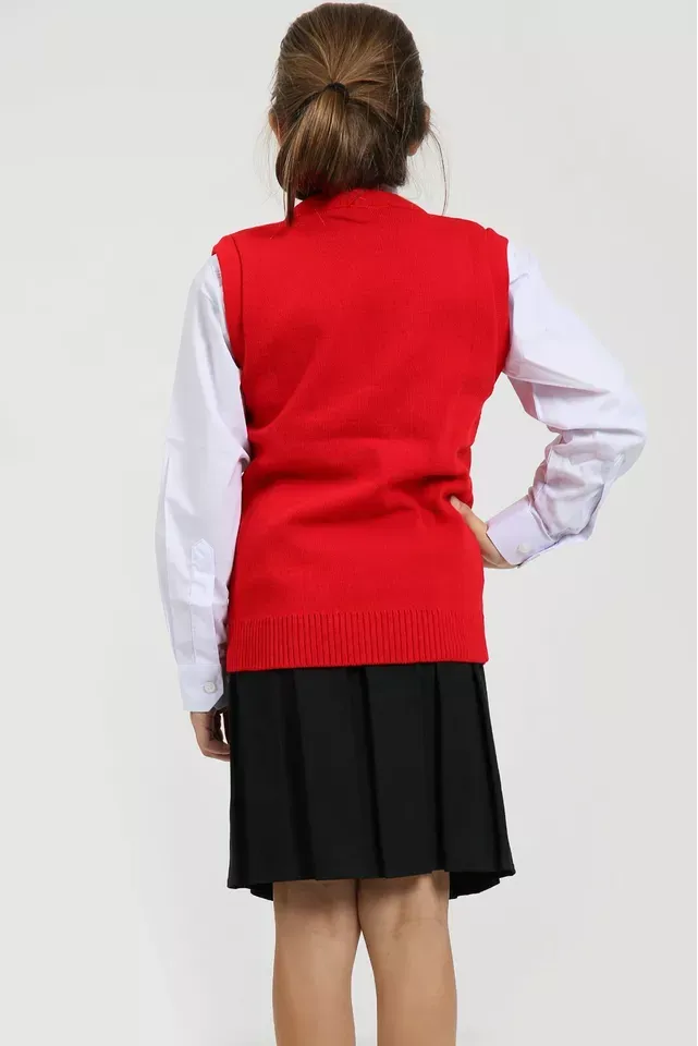 Girls Knitted Tank Top V Neck Sleeveless Jumper School Uniform Smart Comfortable - Red