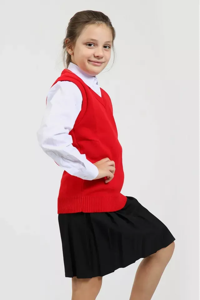 Girls Knitted Tank Top V Neck Sleeveless Jumper School Uniform Smart Comfortable - Red