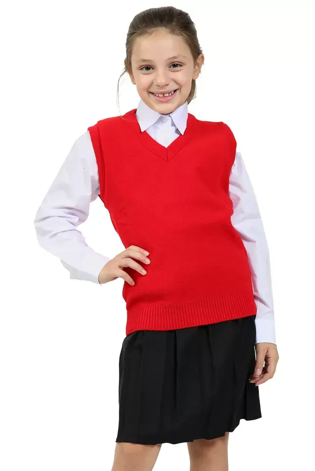 Girls Knitted Tank Top V Neck Sleeveless Jumper School Uniform Smart Comfortable - Red